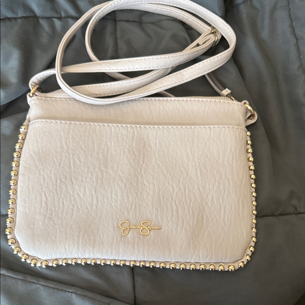 Jessica Simpson Beige Crossbody Bag with Gold Accents